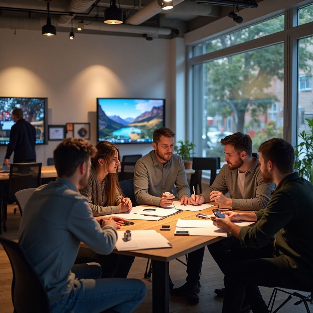 Salle de création des jeux, équipe en brainstorming